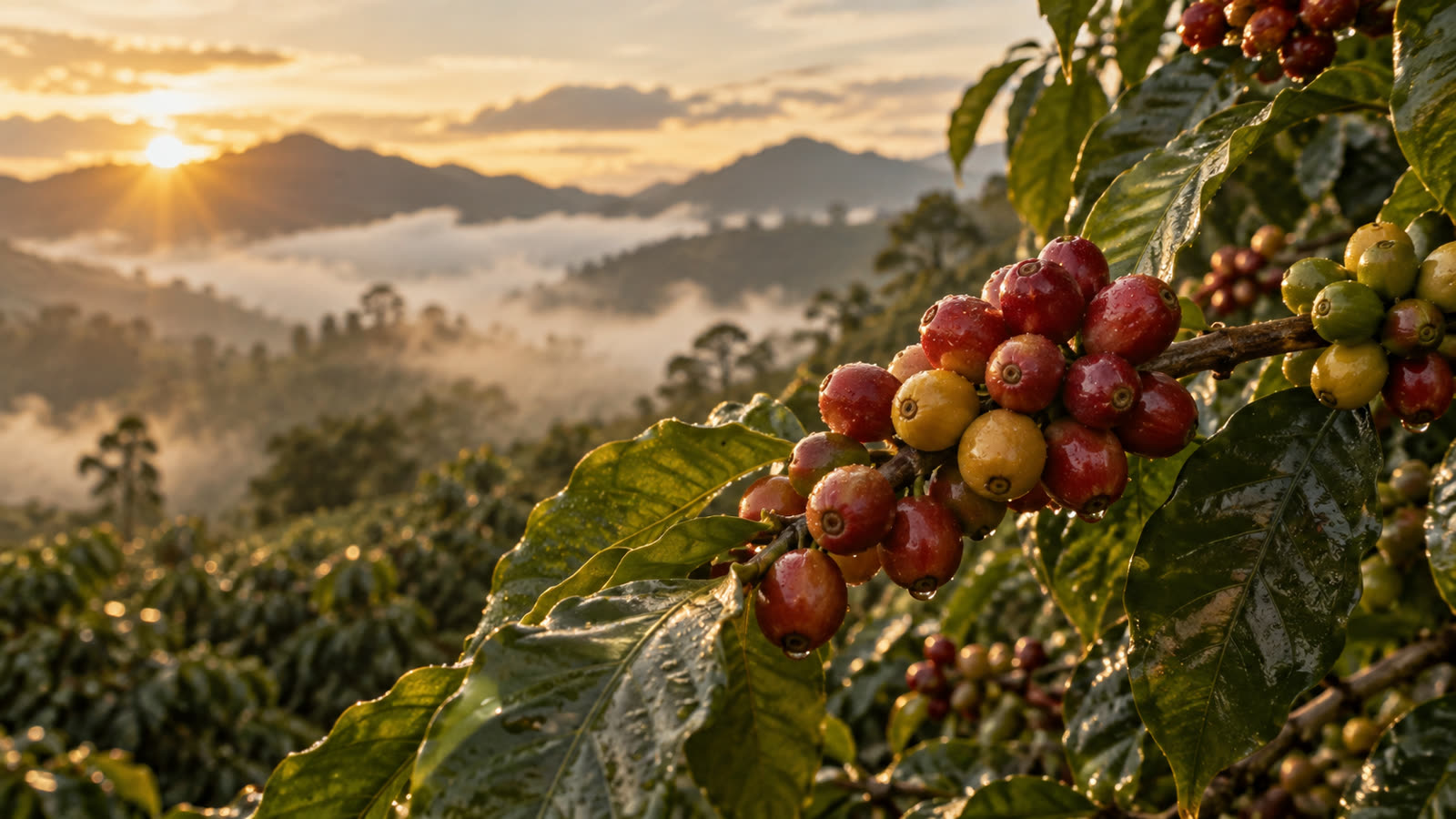 高海拔咖啡園枝頭上成熟的紅黃咖啡果實，遠方是雲霧山景
